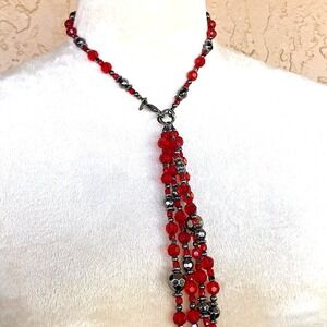 Cookie Lee Adjustable Versatile Tie Necklace Red Beads Multi Strand Unusual